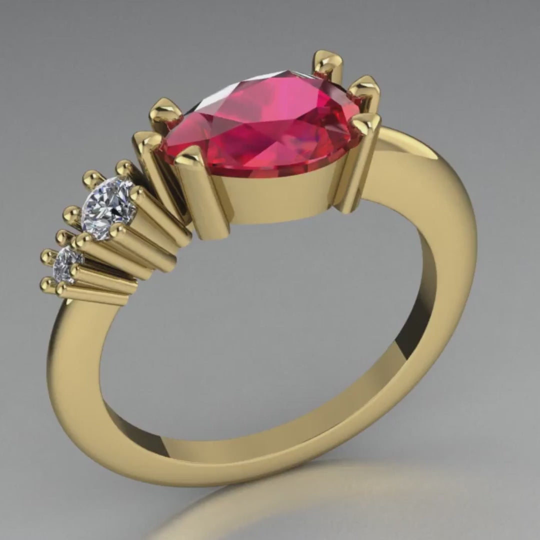 Comet Ring: Horizontally Set Pear Shaped Ruby & Diamonds Asymmetrical Ring