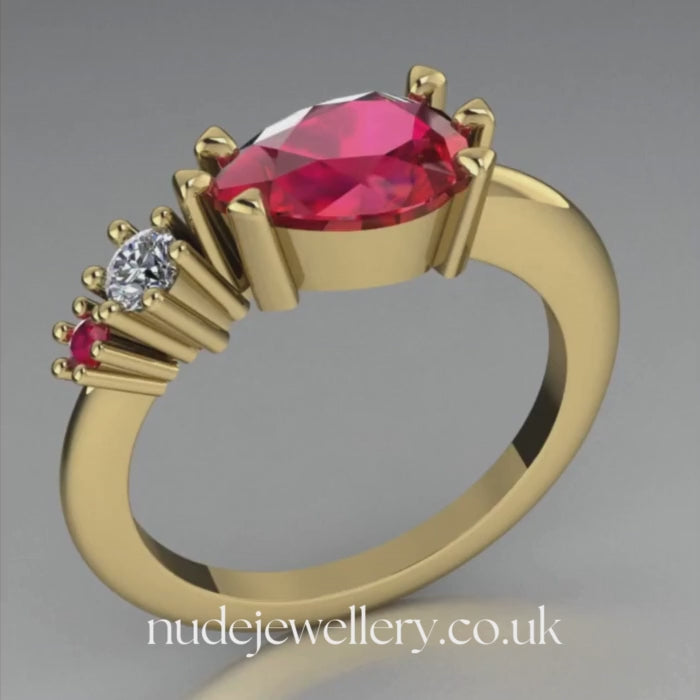 Pear Shaped Rubies & Diamond Asymmetrical Comet Ring Yellow Gold