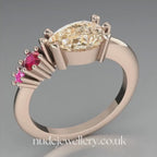 Comet Ring: Pear Shaped Champagne Diamond, Ruby & Pink Sapphire Rose Gold Ring