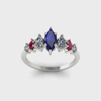 Harlequin Blue Sapphire, Diamond & Ruby Ring in 18ct White Gold