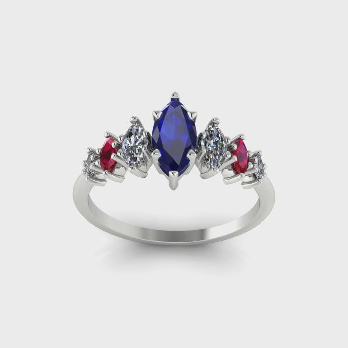 Harlequin Blue Sapphire, Diamond & Ruby Ring in 18ct White Gold