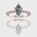 A 360-degree video of the Amoret diamond engagement ring in 18ct rose gold. The footage shows the light reflecting through the central marquise-cut diamond and the pavé-set brilliant-cut shoulders as the band rotates.