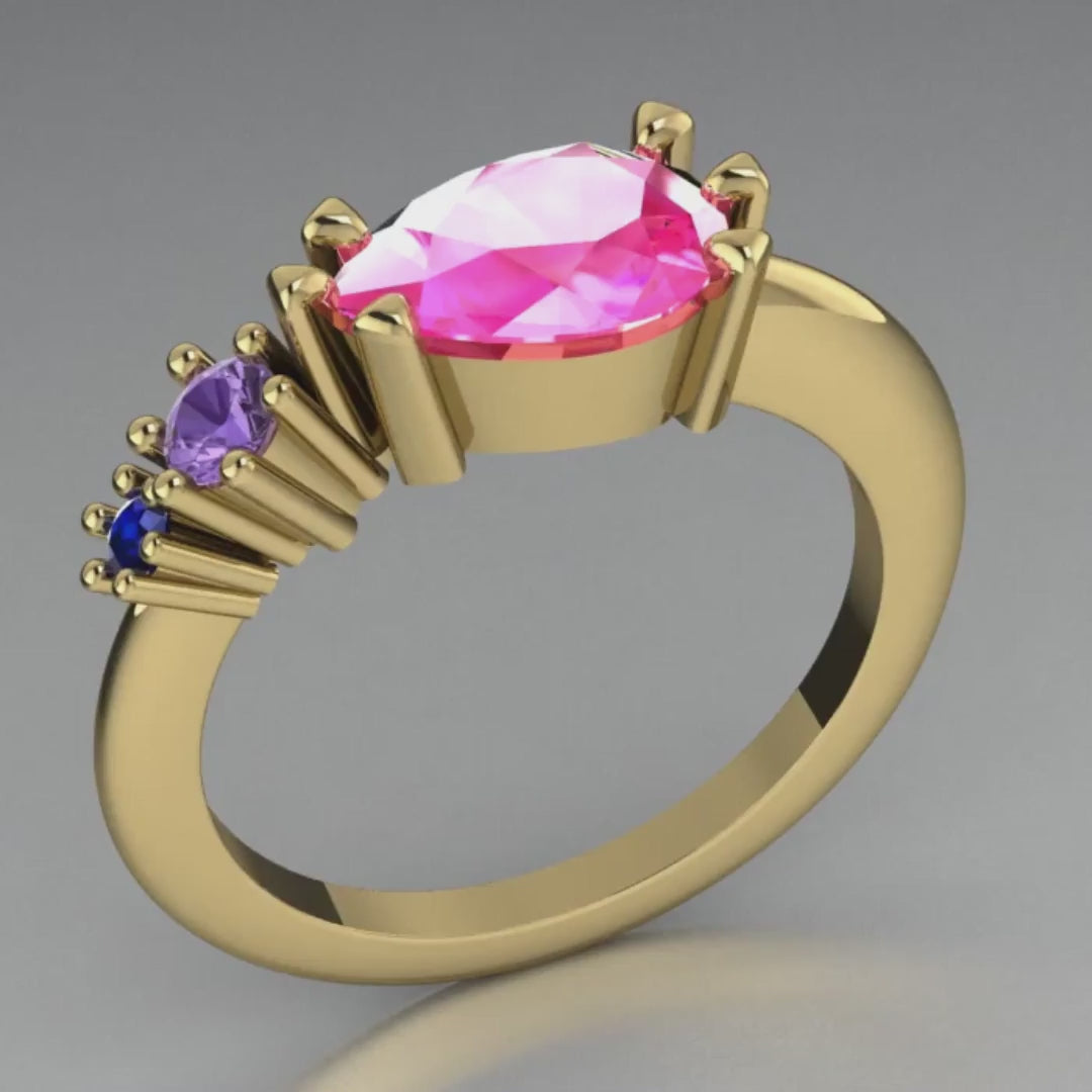 Pear Shaped Pink, Violet & Blue Sapphire Asymmetrical Comet Ring Yellow Gold