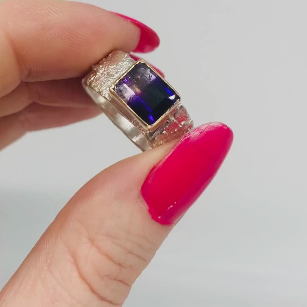 east west bi colour amethyst silver and gold textured ring - movie