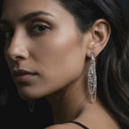Video of a model wearing Chain Reaction handmade silver chain drop earrings, showing how the 6.5cm drops move when worn