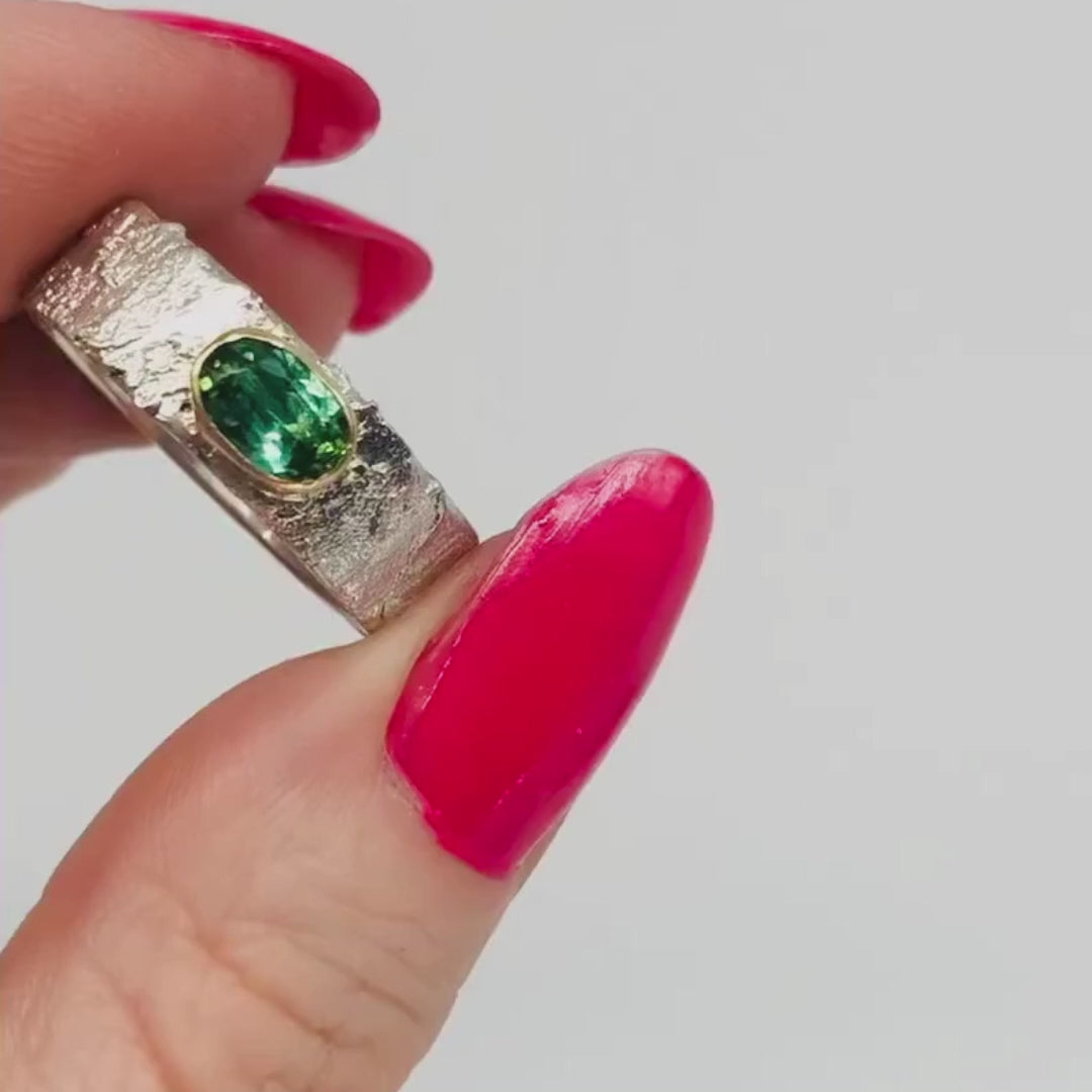 Rivda oval vivid green tourmaline ring handmade from sterling silver with 9ct gold setting - movie