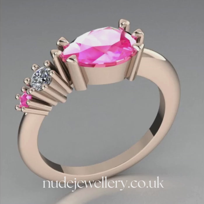 Pear Shaped Pink Sapphire's & Diamond Asymmetrical Comet Ring Rose Gold