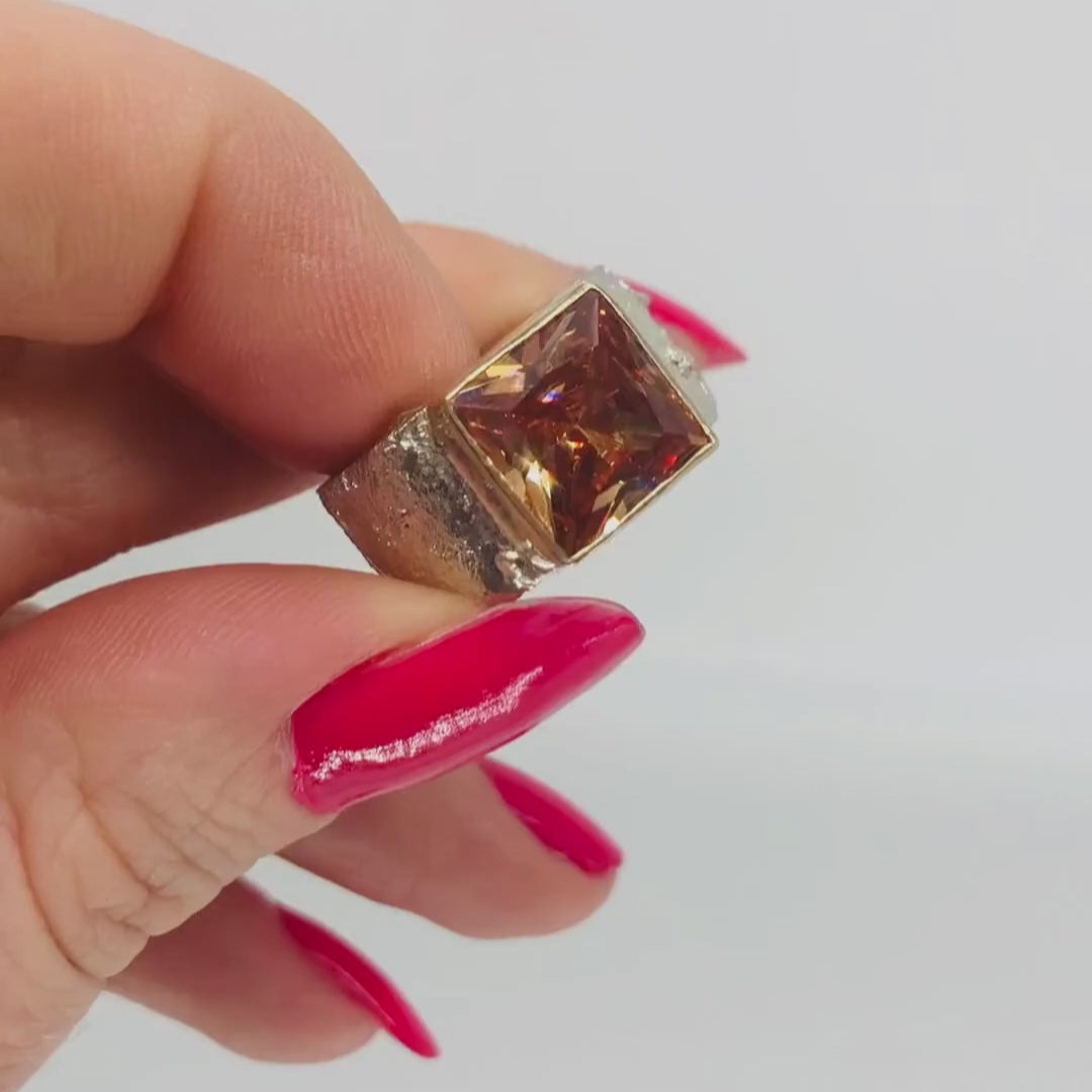 chunky statement orange natural zircon silver with gold handmade ring movie