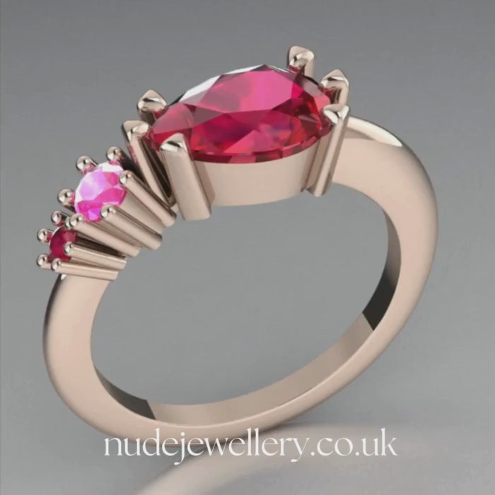 Pear Shaped Rubies & Pink Sapphire Asymmetrical Comet Ring Rose Gold Trilogy Ring