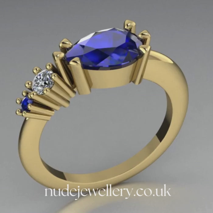 Pear Shaped Sapphire's & Diamond Asymmetrical Comet Ring Yellow Gold