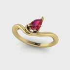 Enchanted pear shaped ruby asymmetric solitaire engagement ring in yellow gold, rotating 360 view showing sculptural band and vivid red ruby