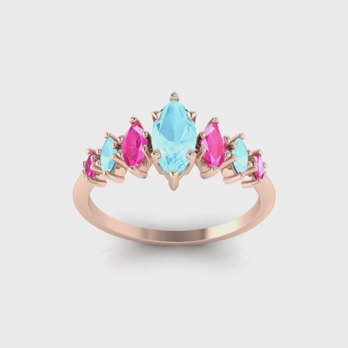 Harlequin Aquamarine & Pink Sapphire Ring in 18ct Rose Gold