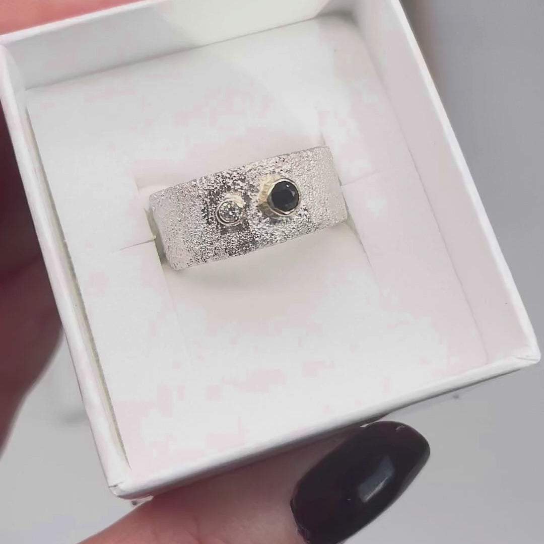 silver, sapphire and diamond Rivda handmade textured ring