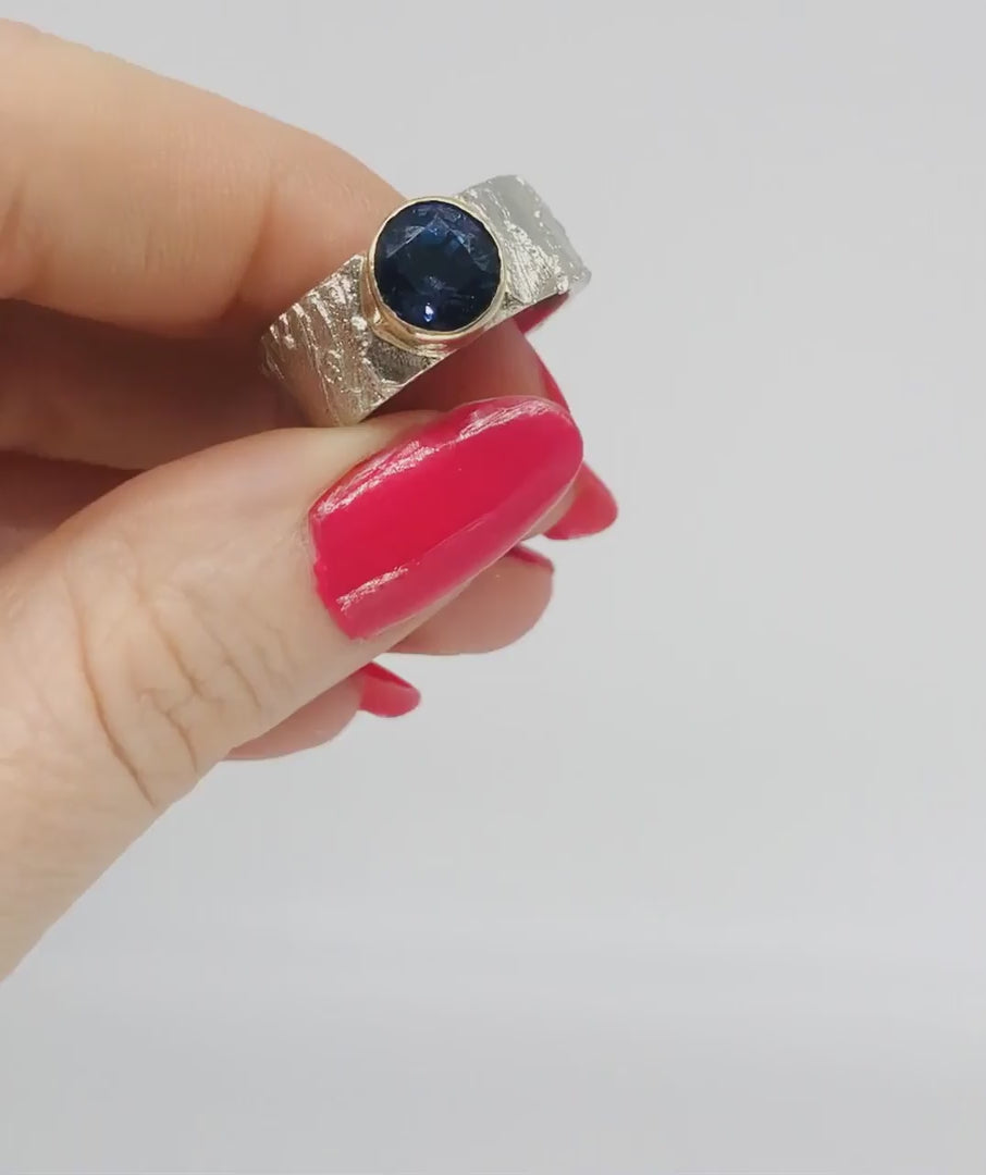 Rivda purple black spinel ring sterling silver 9ct gold bezel setting front view organic molten texture movie