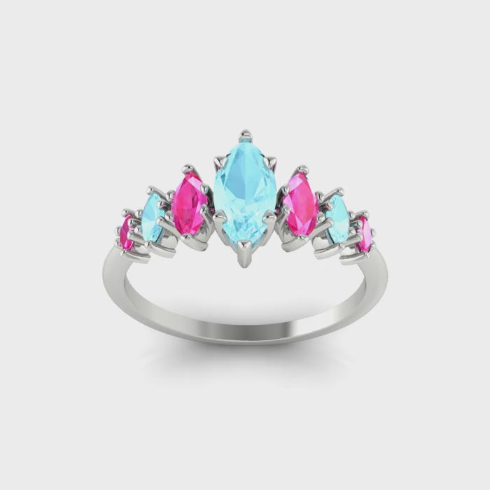 Harlequin Aquamarine & Pink Sapphire Ring in White Gold or Platinum