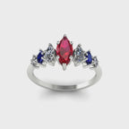 Harlequin Ruby, Diamond & Blue Sapphire Ring in White Gold or Platinum