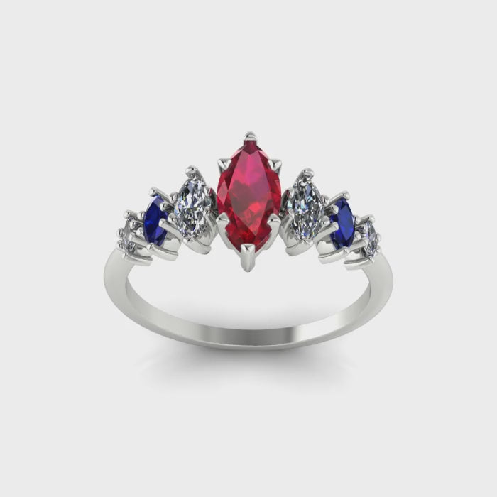Harlequin Ruby, Diamond & Blue Sapphire Ring in White Gold or Platinum
