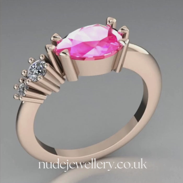 Comet Ring: Pear Shaped Pink Sapphire & Diamonds Rose Gold Trilogy Ring