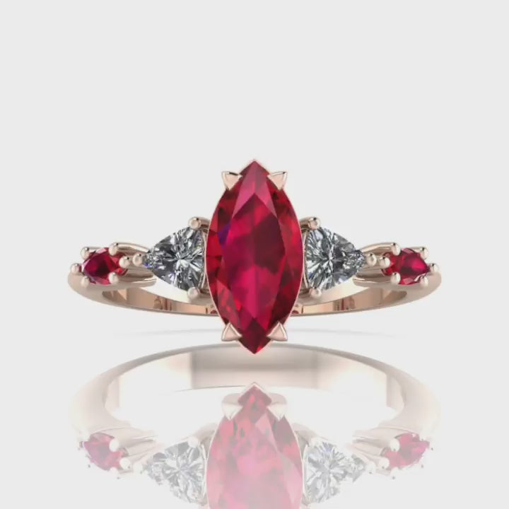 360-degree view of Maisie marquise ruby and diamond engagement ring in 18ct rose gold