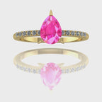 Video of the Calista pink sapphire ring in 18ct yellow gold, capturing the bright, vivid shimmer of the pear centre stone and its sparkling white diamond shoulders.