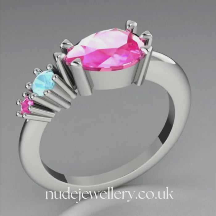 Comet Ring:  Pear Shaped Pink Sapphire's & Aquamarine White Gold or Platinum Ring