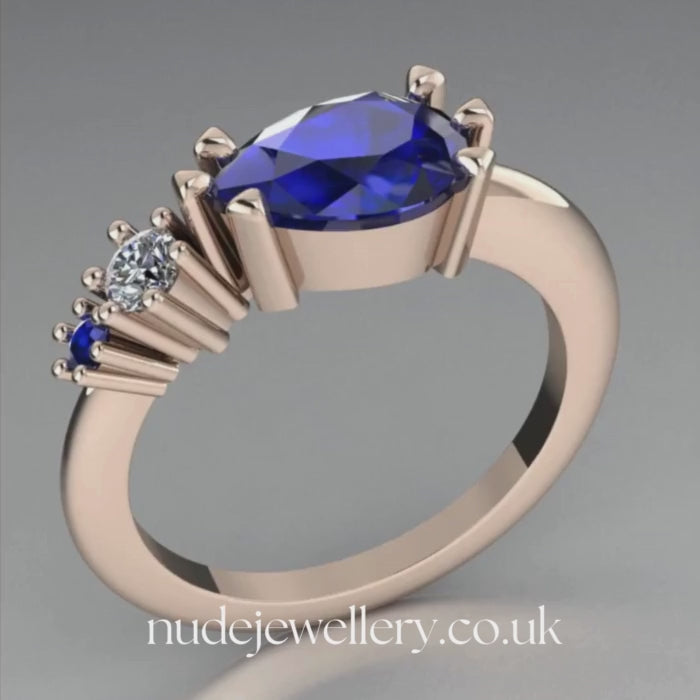 Pear Shaped Sapphire's & Diamond Asymmetrical Comet Ring Rose Gold Trilogy Ring