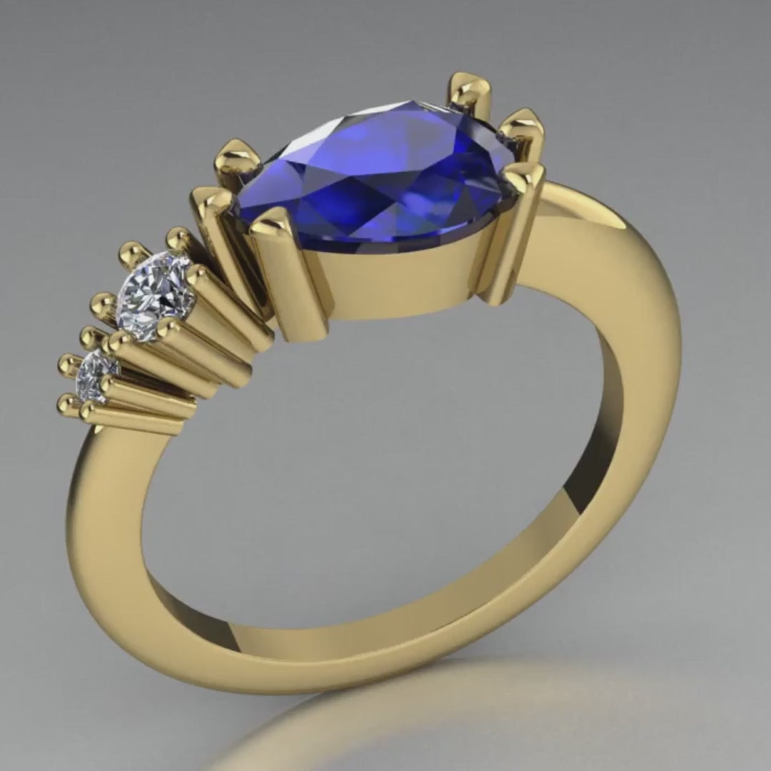 Pear Shaped Sapphire & Diamond's Asymmetrical Comet Ring Yellow Gold