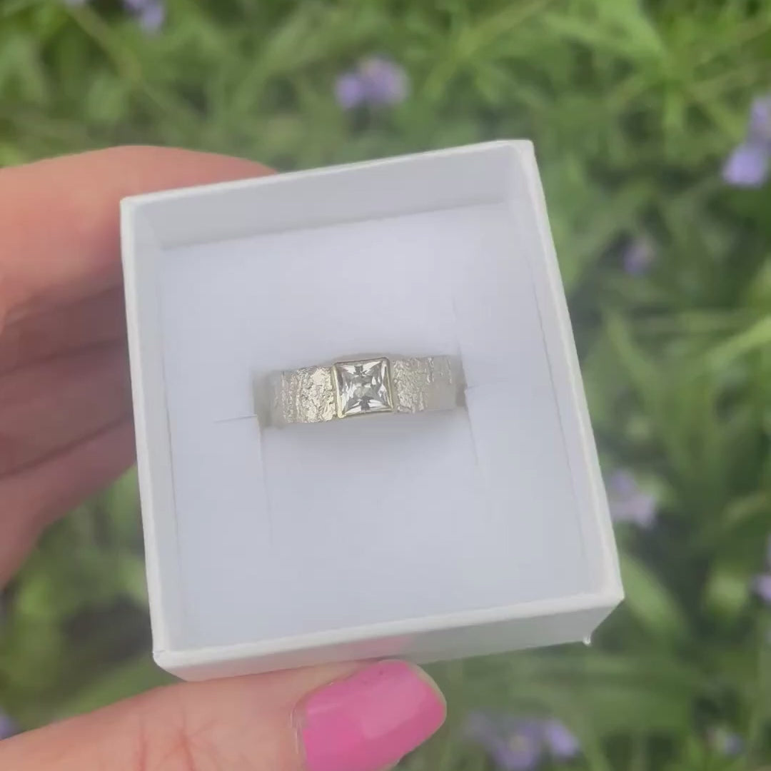 princess cut white topaz ring, handmade silver with gold setting - movie