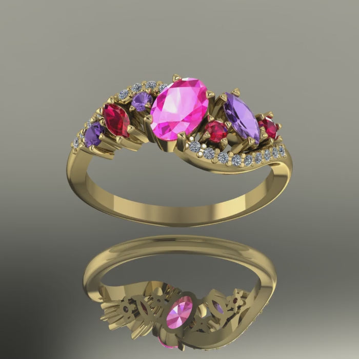 Video of the Atlantis Storm ring in 18ct yellow gold, capturing the rich sparkle of pink and violet sapphires, rubies, and diamonds.