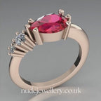 Pear Shaped Ruby & Diamond's Asymmetrical Comet Ring Rose Gold Trilogy Ring
