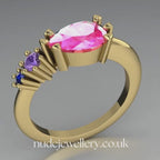 Pear Shaped Pink, Violet & Blue Sapphire Asymmetrical Comet Ring Yellow Gold