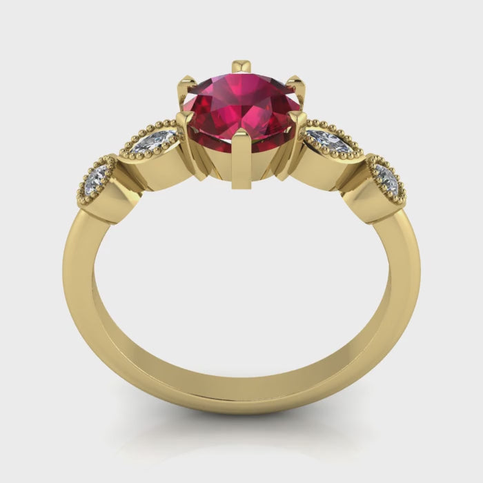 Movie view of the Milena engagement ring showing the vivid ruby centre stone and four diamond side stones in 18ct yellow gold