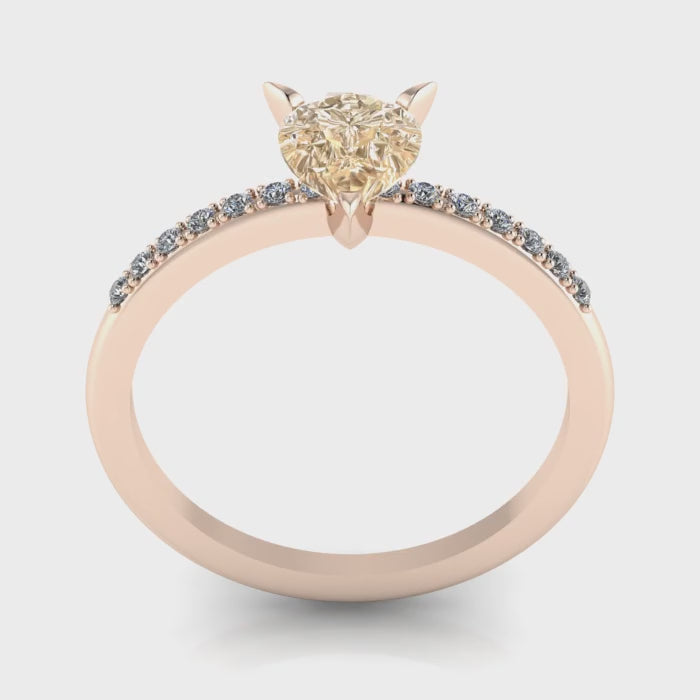 Calista pear shaped champagne diamond solitaire engagement ring in rose gold, video showing warm honeyed stone and white diamond pave band