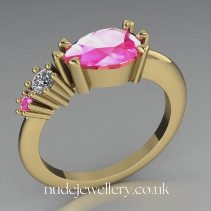 Pear Shaped Pink Sapphire's & Diamond Asymmetrical Comet Ring Yellow Gold