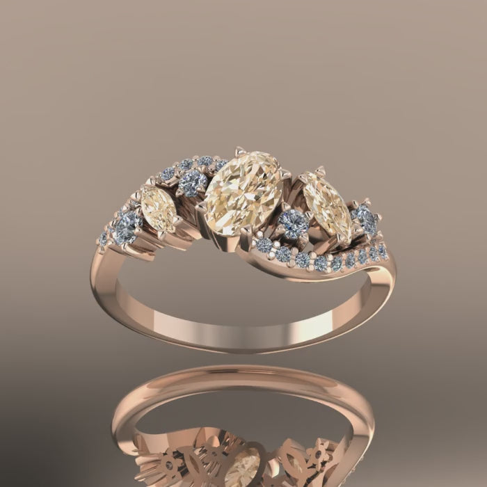 Video of the Atlantis Storm ring in 18ct rose gold, showing the warm sparkle and light-play of the champagne and white diamonds.