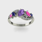 Video of the Atlantis Storm ring in 18ct white gold, showing the light dancing through violet, blue, and pink sapphires and white diamonds.