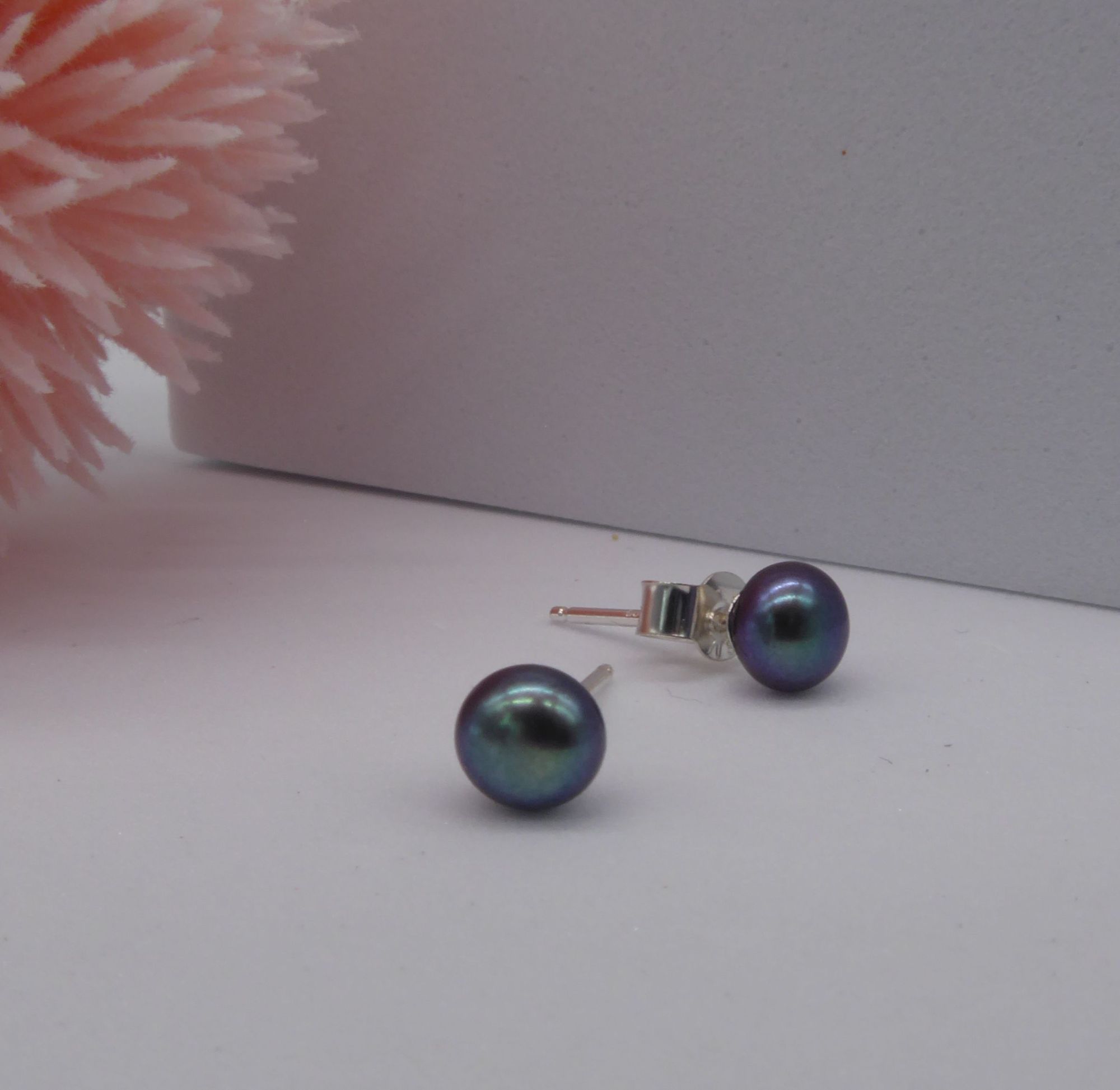 Small Black Cultured Freshwater  Pearl Stud Earrings with Silver