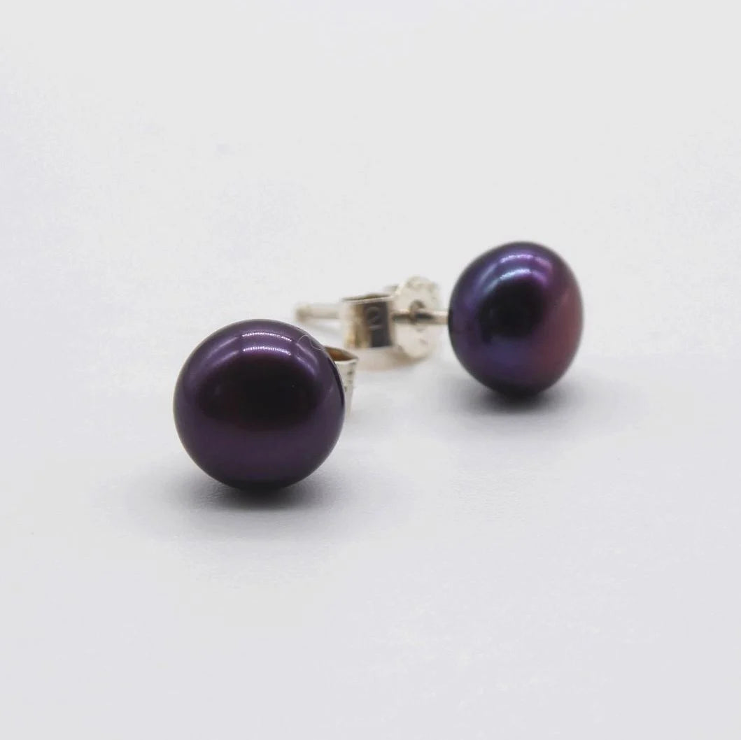 Small Black Cultured Freshwater  Pearl Stud Earrings with Silver