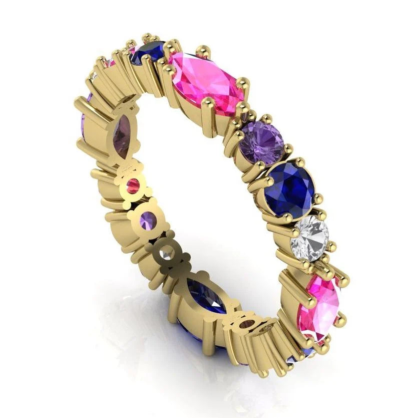 Rainbow - Pink, Purple, Blue & White Sapphire Eternity Ring - Yellow Gold