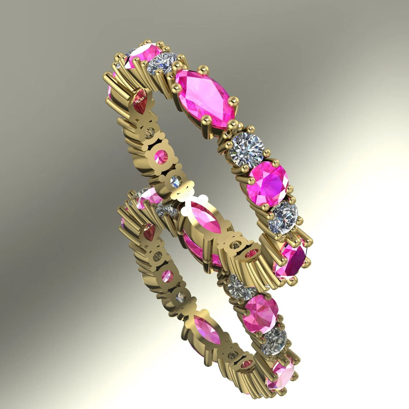 Raspberry Ripple eternity ring with pink sapphires and diamonds in 18ct yellow gold.