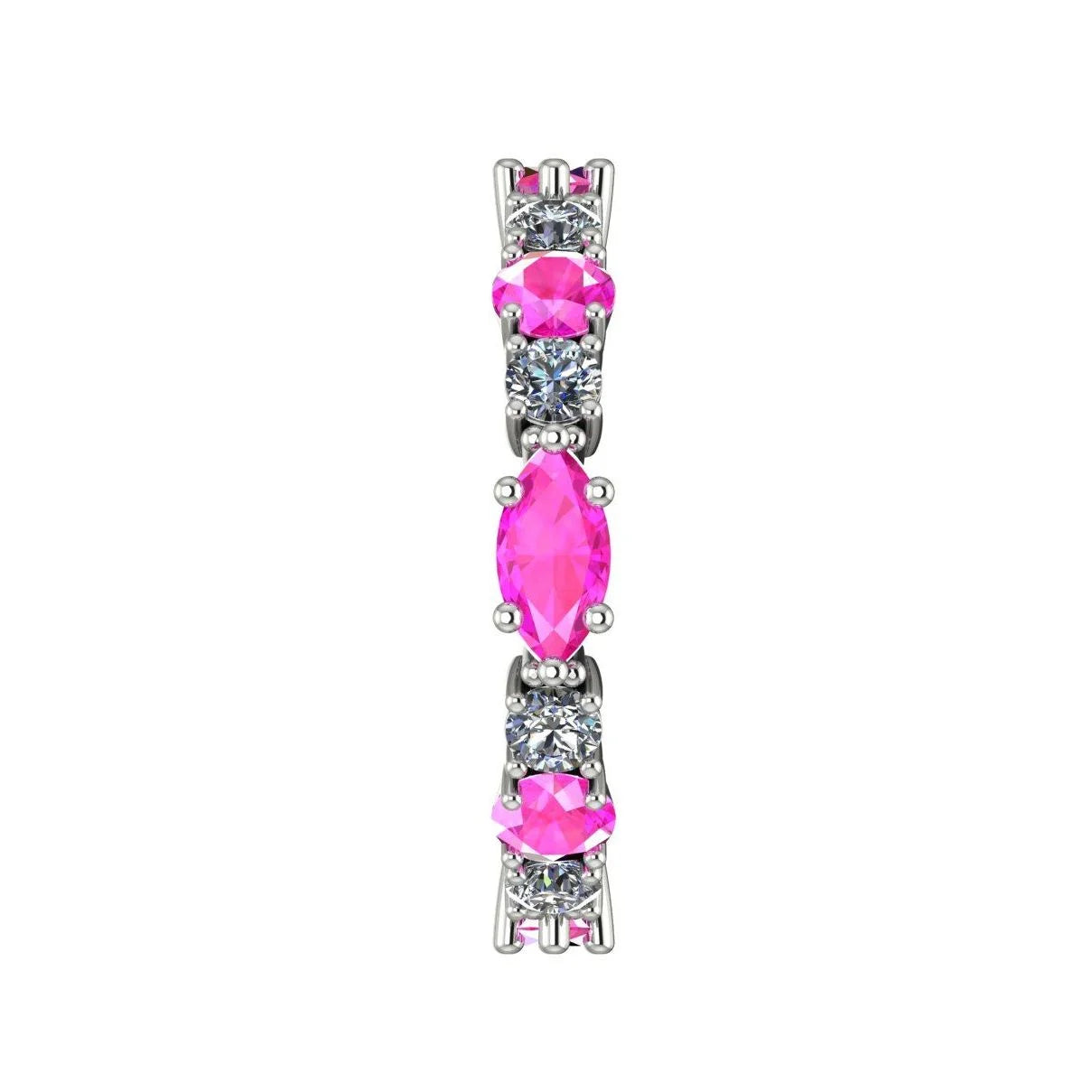 Side profile of the pink sapphire and diamond eternity band showing the delicate white gold claw settings.
