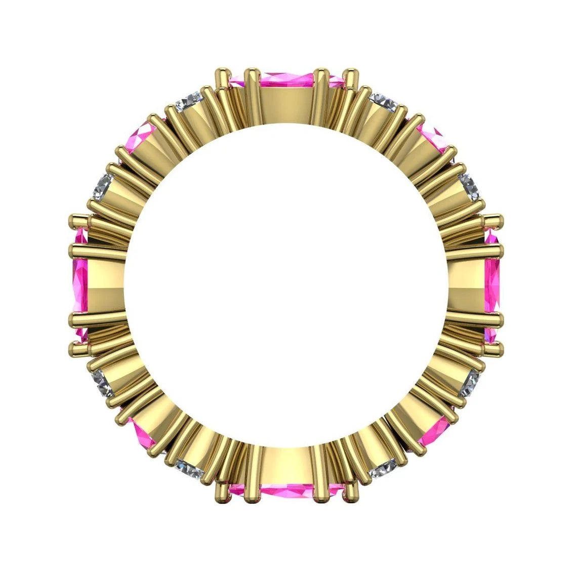Profile view of the Raspberry Ripple yellow gold eternity ring showing the stone settings.
