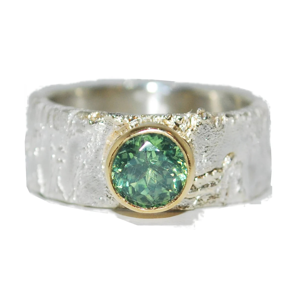 Rivda natural green zircon ring in sterling silver with 9ct gold setting — front view
