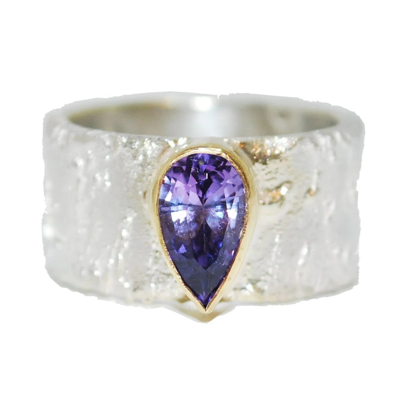 Rivda pear-shaped purple sapphire ring in sterling silver with 9ct gold setting — front view