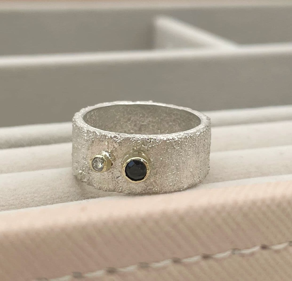 silver rivda sapphire and diamond wide band engagement ring