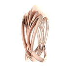 Infinity Armour ring in 18ct rose gold, profile view showing the sculptural wave-pattern wrap band in warm blush gold, handmade in our London studio