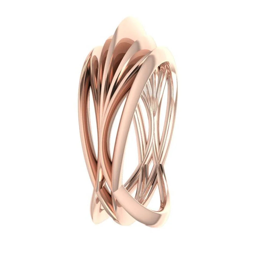 Infinity Armour ring in 18ct rose gold, profile view showing the sculptural wave-pattern wrap band in warm blush gold, handmade in our London studio