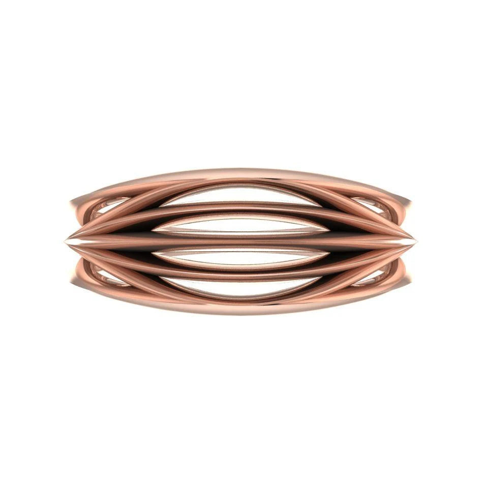 Infinity Armour ring in 18ct rose gold, overhead view showing the continuous interlocking wave pattern catching the light, bold statement or wedding band handmade in London
