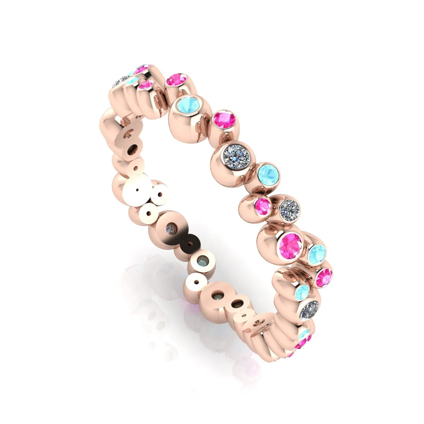 Front three-quarter studio view of the rose gold bubble band, highlighting the modern, fluid arrangement of flush-set diamonds and pastel gemstones.
