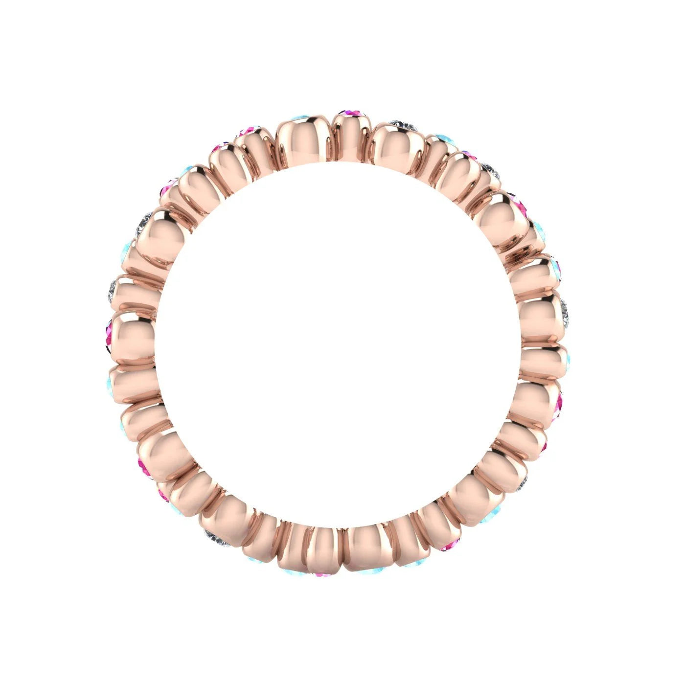 Through-finger view of the 18ct rose gold eternity ring, showcasing the smooth, polished interior under-gallery and the clean, secure settings.